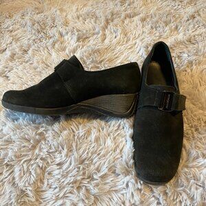 Aquatalia black suede, velcro buckle closure, wedge loafer size 8